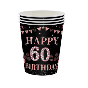 Ensemble de vaisselle pour fête d'anniversaire 60 ans, noir et or rose, assiettes en plastique, gobelets, serviettes, couverts, 60-80 pièces, décoration d'anniversaire - Product Image 4