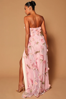 Robe de soirée élégante pour femme, sans bretelles, en mousseline rose, taille naturelle, avec fleurs 3D et fente haute, longue, pour bal de promo et mariages