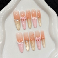 Diseño 801-900, 10 Uñas Francesas 3D Rosadas de Lujo Hechas a Mano, con Forma de Corazón y Diamantes, Uñas Artificiales Tipo Coffin Ballerina, Uñas Postizas