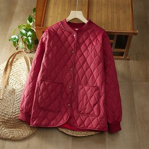 Women's <b>Quilted</b> Cotton Padded <b>Jacket</b> Loose Fit Crew Neck Single Button Winter Warm Coat Full Sleeve Diamond <b>Pattern</b> - Product Image 5