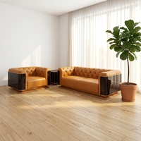 Set Sofa Kulit Oranye Mewah dan Kayu Gelap 3+2+1 Furnitur Klasik untuk Interior Rumah Kelas Atas