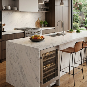 OEM Mitered Edge Waterfall Design Calacatta White Grey Vein Quartz Countertop for Luxury Hotel Kitchen Vanity <b>Top</b> Project - Product Image 3