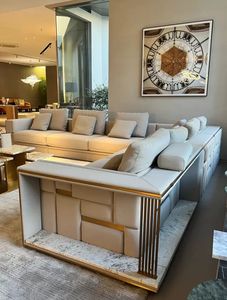 MR Sofá en forma de L de cuero de lujo de estilo italiano Villa Sala de estar moderna Sofá modular de acero inoxidable dorado - Product Image 3