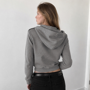 Sweat à capuche zippé pour femme, couleur unie, tissé, avec détails boutons métalliques, manches longues, style streetwear décontracté, haut d'automne - Product Image 6