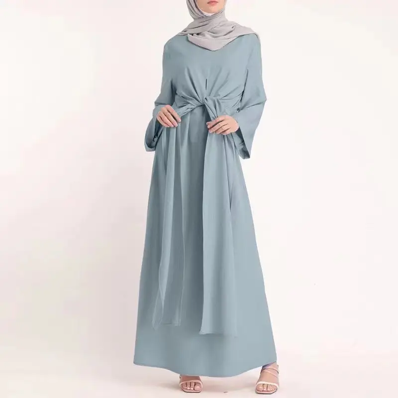 Vestido Abaya musulmán para mujer, ropa elegante de Color sólido liso con cinturón Irregular, cuello redondo, Burka, islámico, negro, n. ° F6829