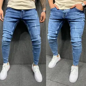 Summer new blue color trousers casual micro elastic denim sports pant men jeans