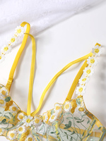 Ensemble soutien-gorge et culotte 2 pièces en maille transparente à fleurs jaunes pour femmes, de haute qualité, fourni par l'usine, écologique, contrôle de la lumière, armatures push-up