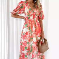 Vente en gros de vêtements pour femmes de haute qualité, sur mesure, nouveau design, tricoté, col en V, taille élastique, imprimé floral, décontracté, bohème, midi