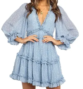 Indian floral printed chiffon boho long sleeve v neck kaftan pullover loose beach summer fashion clothing women's dress