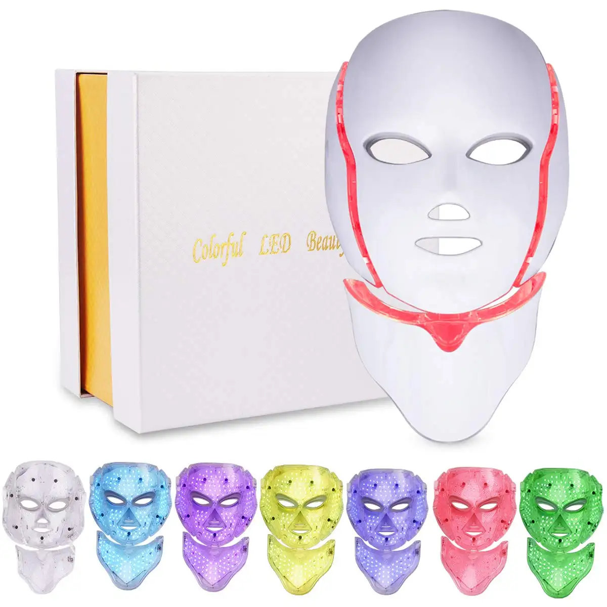 قناع وجه 7 ألوان جميل مزود بإضاءة حمراء LED للعلاج قناع الوجه للعناية بالبشرة قناع الوجه والرقبة مزود بإضاءة LED