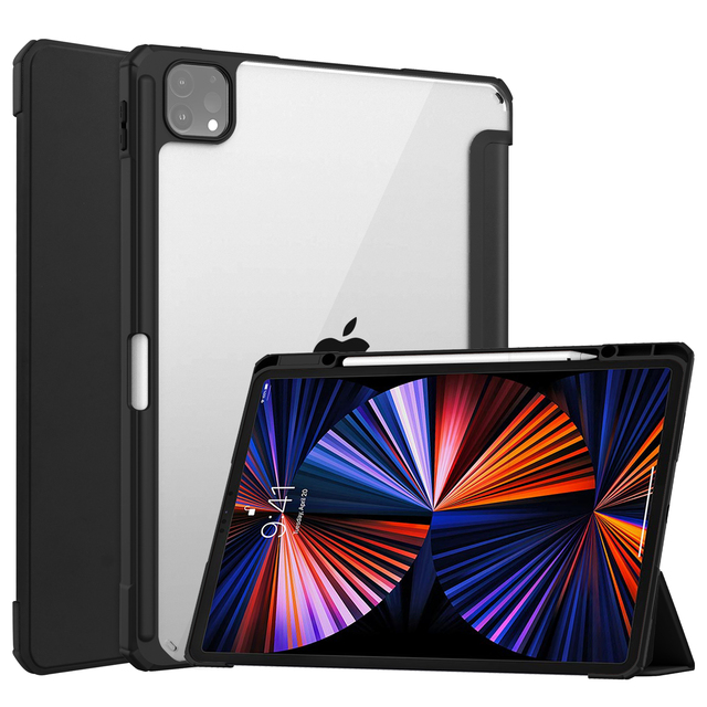 Trifold Simple Tablet Case with Pen Slot and Folio Stand Transparent Acrylic for iPad Pro 12.9 Inch 2021/2020/2018