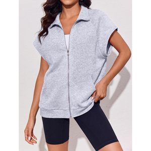 Sudadera sin mangas con cremallera para mujer, de gran tamaño, de color liso, con bolsillos, informal, transpirable, de punto - Product Image 2