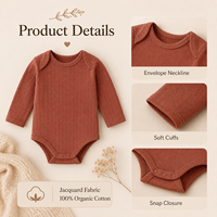 Zachte 100% biologische katoenen jacquard romper met lange mouwen, drukknoopjes in het kruis, voor dagelijks gebruik, meerdere kleuren op voorraad