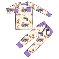 Vêtements pour bébé fille en bambou vintage à imprimé animal personnalisé, 95% viscose de bambou, 5% élasthanne, ensemble jogging respirant à manches longues