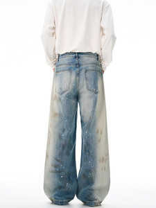 Celana <span class=keywords><strong>Jeans</strong></span> Pria Gaya Amerika Trendy Merk Ternama Buatan Tangan Motif Percikan Cat Kotor Celana Wanita Model Boot Cut Vintage Serbaguna - Product Image 4
