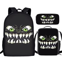 Ensemble de 3 sacs d'école unisexe avec imprimé visage de monstre effrayant, sac à dos en tissu Oxford, sac isotherme pour le déjeuner, trousse à crayons, style preppy, grande fermeture éclair