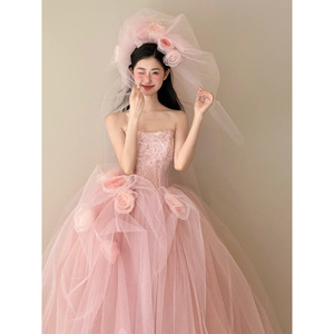 Pink Strapless Tulle Ball Gown Wedding Dress Empire Waistline Long Train Princess Style Fairy Light Dress - Product Image 3