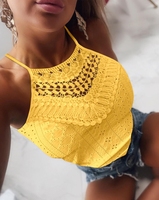 Hauts d'été vintage pour femmes, tricotés à la main au crochet, ajourés, à col halter, sans manches, à nouer dans le dos, coupe ajustée, en viscose/polyester