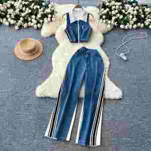 Ensembles vintage pour femmes : Crop top sans manches et pantalon en jean patchwork taille haute – Vente en gros - Product Image 1