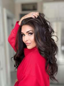 Perruque synthétique ondulée bouclée avec raie latérale libre, résistante à la chaleur, en dentelle 13x4, noir naturel et brun, pour femmes noires - Product Image 4