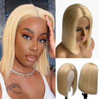 Perruque en cheveux humains avec dentelle frontale 13x4 |   Perruque blonde courte en cheveux brésiliens Remy |   Perruque courte et droite pré-épilée sans colle