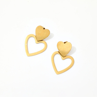 Gouden dubbele hartvormige oorhangers van roestvrij staal, clip-on, open frame, charme, twee lagen, delicaat, romantisch, unisex, Valentijnsdag