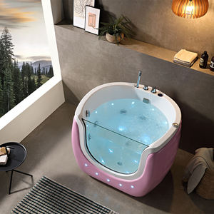 Baignoire bébé autoportante moderne en acrylique rose avec drain et porte vitrée transparente à l'avant - Product Image 3