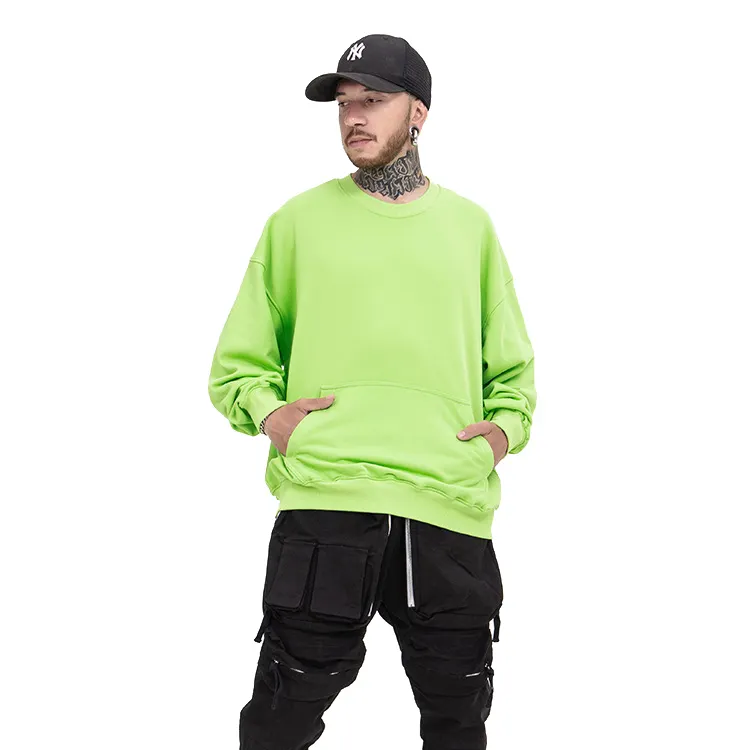 Hot Sale Neon Green Plain Oversized Streetwear Sweater Men's High Quality Cotton Custom Crew Neck Sweatshirts