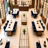 Complet pour magasin d'optique moderne : Étagère murale en bois pour montures métalliques, vitrine îlot en verre et comptoir d'accueil pour magasin de lunettes
