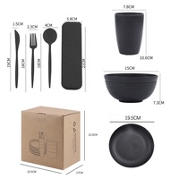 Ensemble de vaisselle en plastique écologique noir de 16 pièces, compatible micro-ondes et lave-vaisselle, couverts et ustensiles de camping et de voyage
