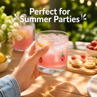 Schattig fruitprint glazen tumbler, aardbei-kersenpatroon, kort drinkglas voor sap, cocktails, huishoudelijk gebruik