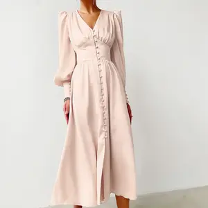 Vestido de cintura alta feminino, vestido branco elegante de manga longa slim