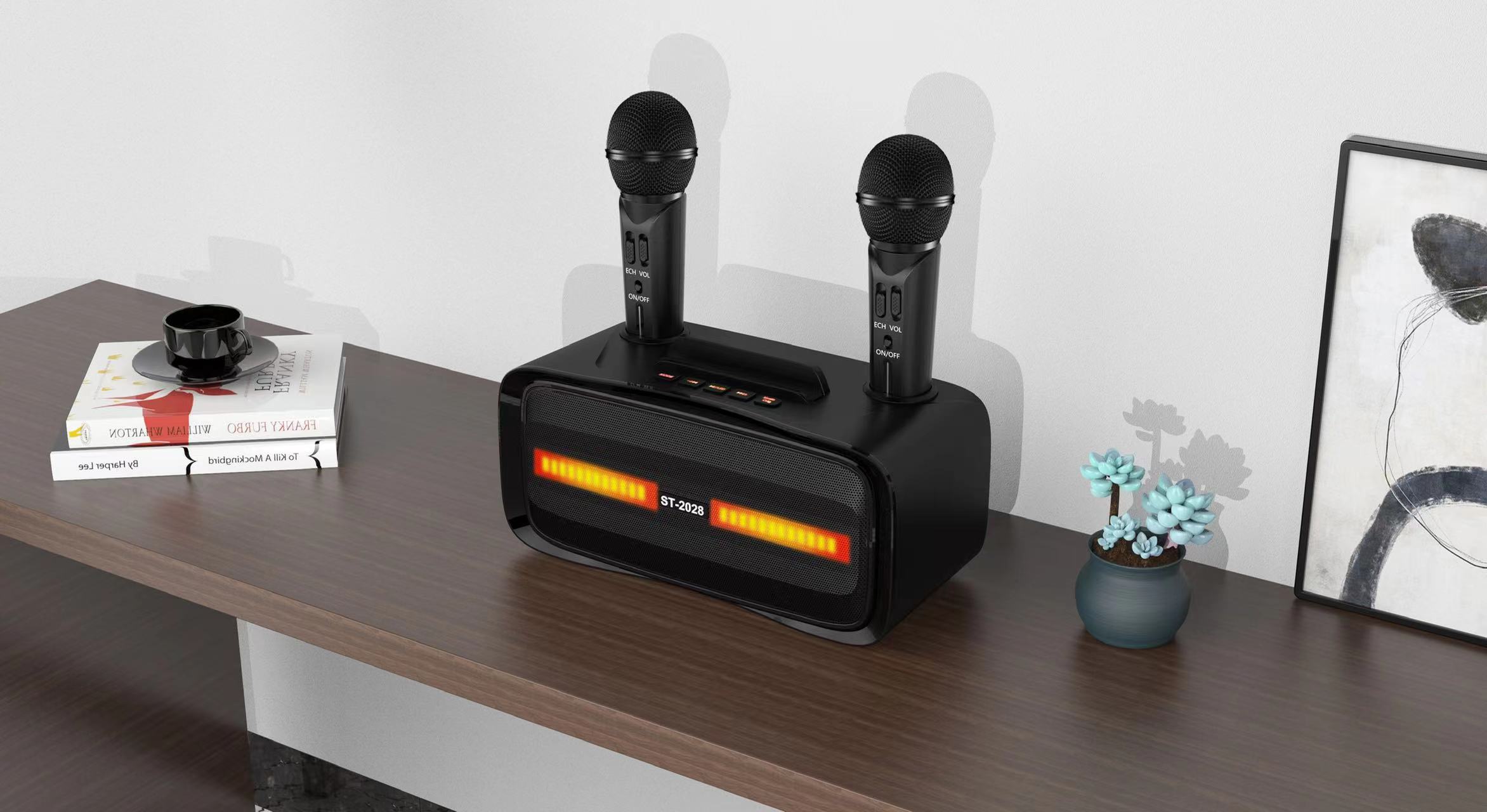 カラオケマシンST2028充電式スピーカー、2マイクポータブルPA