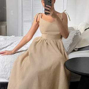 <span class=keywords><strong>Robe</strong></span> <span class=keywords><strong>mi</strong></span>-<span class=keywords><strong>longue</strong></span> décontractée pour femme en coton et lin <span class=keywords><strong>kaki</strong></span> vintage, sans manches, à bretelles, taille haute avec lien, collection automne - Product Image 4