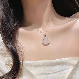 Chinese Style Buddha Pendant Necklace Chalcedony Teardrop Shape Bezel Setting Clavicle Chain Everyday Wear Fine Jewelry - Product Image 2