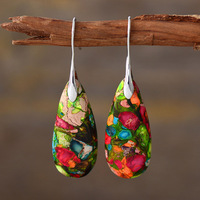 Boucles d'oreilles pendantes en jaspe impérial naturel, forme goutte, avec crochet en argent, pierres multicolores, bijoux bohèmes pour femmes, vente en gros