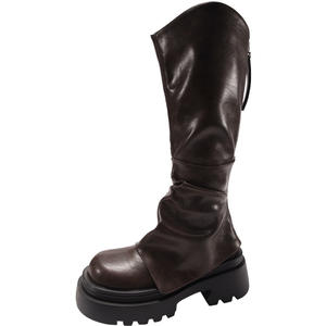 Maigre britannique à lacets imperméable à semelle épaisse bottes longues pour femmes 2025 nouveau automne/hiver rétro hauteur augmentant col en v chevalier - Product Image 5