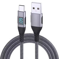 Kabel USB ke Type-C LED Digital 60w Nylon Braided 1m 2m 3m untuk Pengisian Daya Cepat Ponsel