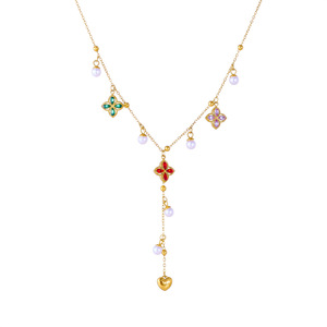 Chic Flower Pendant Necklace Stainless Steel Y Shape With Pearls And Diamonds For Gift - Product Image 5