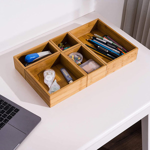 Caja de almacenamiento de bambú para escritorio, organizador de 5 compartimentos para escritorio de oficina con portalápices, clips y soporte para cinta, forma rectangular - Product Image 1