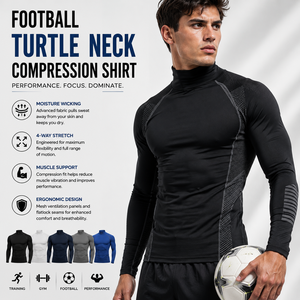 Maillot de compression de football à col roulé, manches longues, anti-humidité, extensible dans les 4 sens, en maille, couche de base, soutien musculaire, haut d'entraînement - Product Image 1