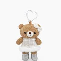 Porte-clés en peluche ours en peluche beige Kawaii avec clip cœur, robe scintillante, col en fourrure, animal en peluche, pendentif de sac, cadeau pour filles