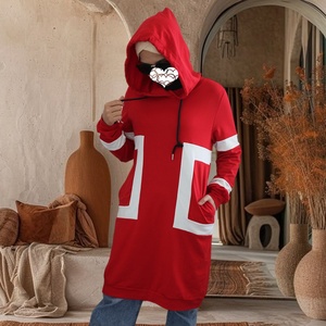 Sudadera con capucha de alta calidad para mujer, estampado cuadrado blanco con bolsillos laterales, Top largo para otoño e invierno, ropa para mujer 2246 # - Product Image 2