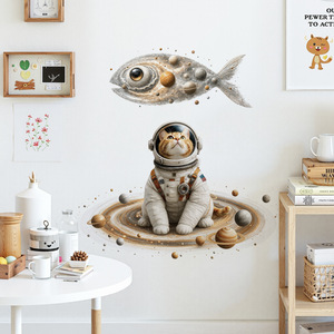Adesivo Murale Animale Cosmico Cartoon: Gatto Astronauta e Pesce Spaziale Nebulosa, Decorazione Spaziale Adesiva per Stanza dei Giochi dei Bambini - Product Image 3