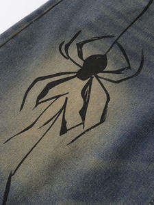 2025 yaz erkek el çizilmiş örümcek Denim şort erkek yaz gevşek Retro yaşlı mavi düz tüp beş bölüm kot - Product Image 4