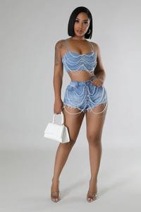 Großhandel Kleidung Sommer Pearl Crop Tank Top 2-teiliges Set Mode Strass zweiteilige Jeans shorts Sets Frauen - Product Image 4