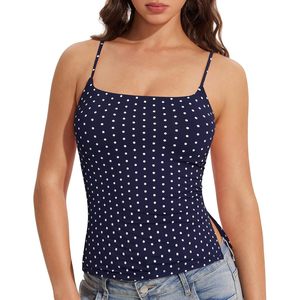 FOXA Camiseta sin mangas con lunares para mujer, de elastano y poliéster, con abertura lateral fruncida, top básico de verano - Product Image 1