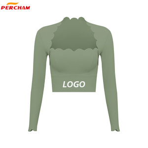 Garniture festonnée femmes à manches longues haut court sans couture tricot Yoga Tennis Golf Gym chemise avec poitrine ouverte conception pour Multi Sport - Product Image 1