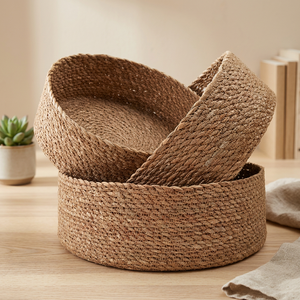 Modern Woven CoCo Seagrass Eco-Friendly Multifunction <b>Round</b> Storage <b>Baskets</b> Shallow <b>Wicker</b> Bread Serving Fruit Food Storage - Product Image 2