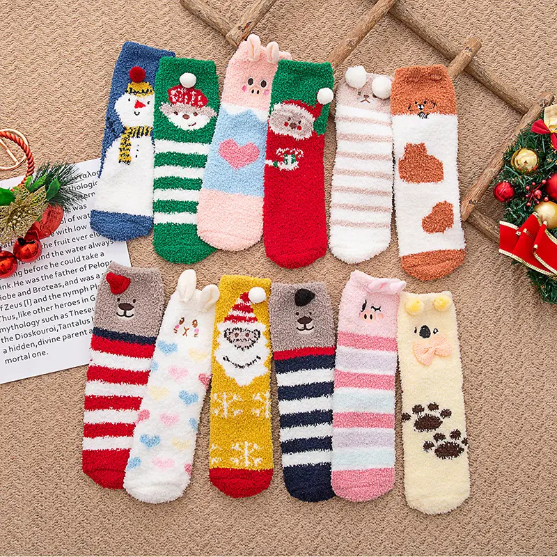 Japanese and Korean mid-tube cute warm home floor socks fashion plush christmas socks